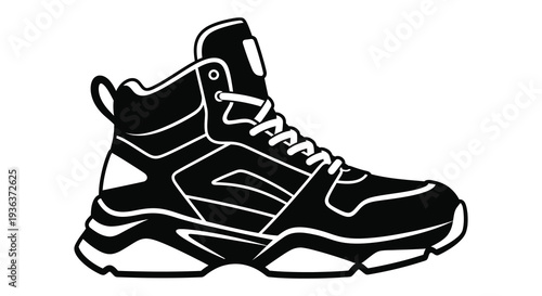 A striking black and white illustration depicts a high top sneaker in a bold silhouette high quality professional detailed