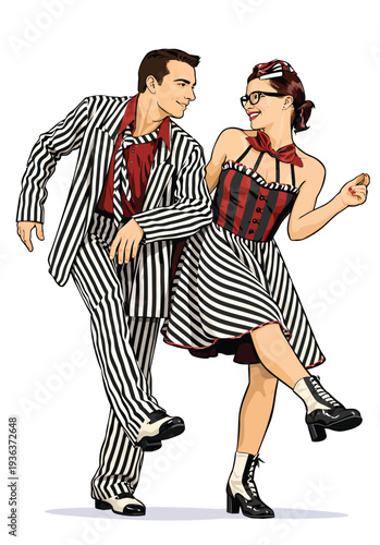 071-06-Enthusiastic couple performing a lindy hop swing dance with vintage styling