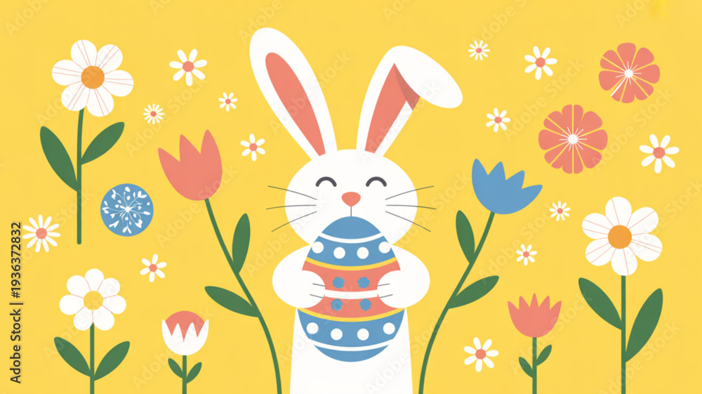 Obraz premium Smiling easter bunny holding decorated eggs surrounded by colorful spring flowers on yellow background