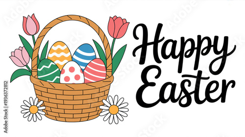 Colorful easter eggs in a wicker basket with flowers and happy easter text on white background
