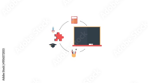Educational concepts and classroom tools symbolically presented with flat design illustration on white background