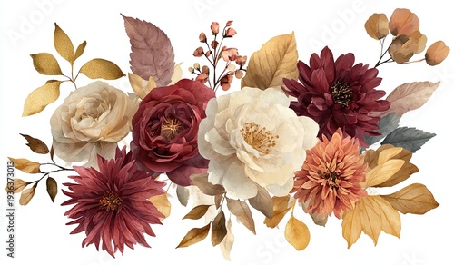 Watercolor floral arrangement with fall colors like burgundy, gold, cream, and brown