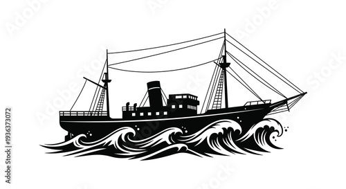 A striking black silhouette of a vintage steamship navigating choppy waters creating a dramatic silhouette high quality professional
