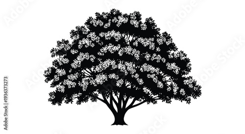 A detailed intricate depiction of a lush flowering tree against a white background showcasing a striking silhouette