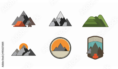 A set of six mountain vector icons in various designs and colors