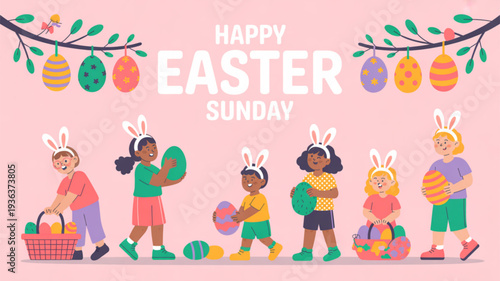 Diverse children in bunny ears celebrate easter sunday with colorful eggs and baskets on pink background
