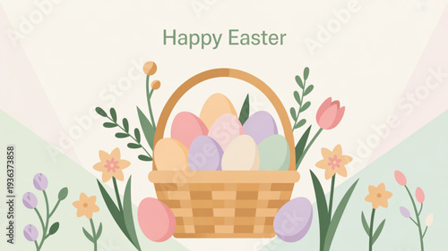 Colorful easter basket with eggs and flowers on a pastel background for spring holiday