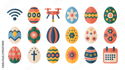 Colorful easter eggs with various patterns and symbols wi fi symbol drone and calendar icon on white background vibrant illustration