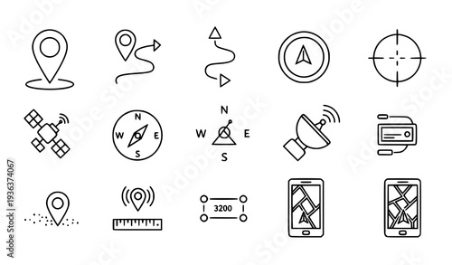 A set of navigation icons in a minimalist line art style