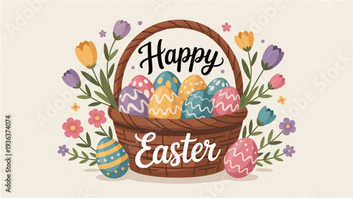 Colorful easter eggs in a wicker basket surrounded by spring flowers and tulips happy easter greeting vibrant illustration pastel colors festive decoration