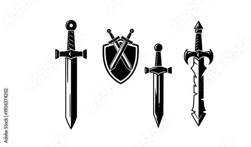 A set of four medieval swords and a shield in black and white vector illustration