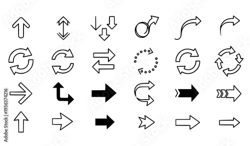 A collection of black and white arrow icons in various directions and styles