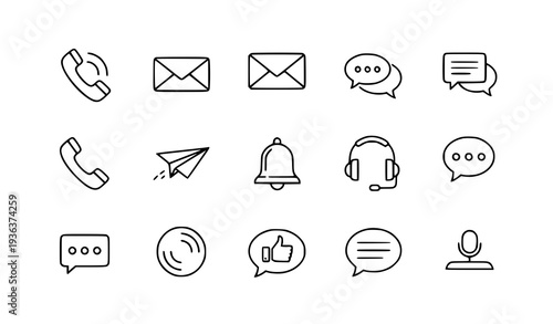 A set of modern line art icons representing various communication symbols
