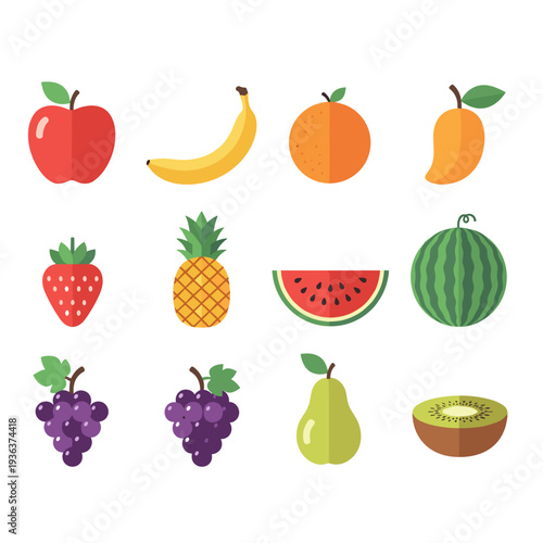 Vector illustration set of fresh fruits and vegetables including apple strawberry orange banana grape watermelon and other healthy food icons collection