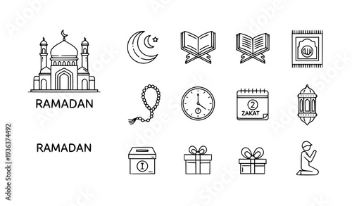 A set of minimalist icons representing Ramadan symbols and traditions