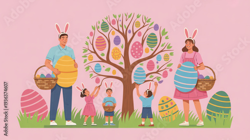 Family in bunny ears decorates easter tree with colorful eggs and baskets