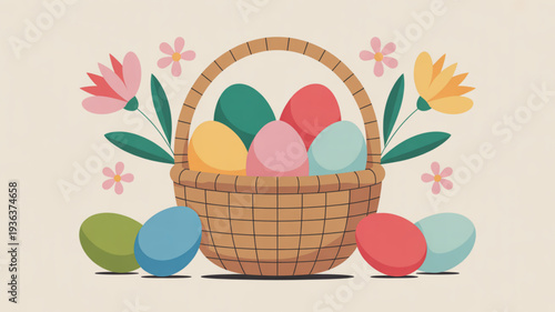Colorful easter eggs in a wicker basket with flowers on a beige background symbolizing springtime and holiday celebration