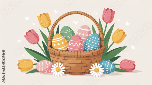 Colorful easter eggs in a wicker basket with tulips and daisies on a beige background symbolizing springtime and holiday cheer