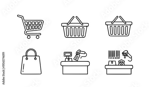 A set of six line art icons depicting shopping cart and checkout