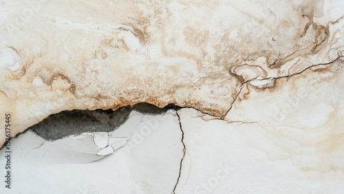 Close-up of Severe Water Staining, Mold Growth, and Deep Cracks on Damaged Plaster Wall