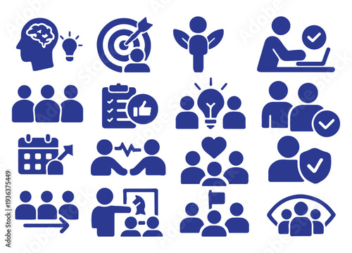 Business Teamwork, Leadership, Training and Success Solid Icons Set – Corporate People Management Vector Collection