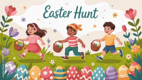 Children on easter egg hunt in colorful garden with flowers and decorated eggs