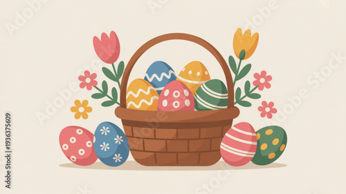 Colorful easter eggs in a wicker basket surrounded by flowers and tulips in a festive spring illustration