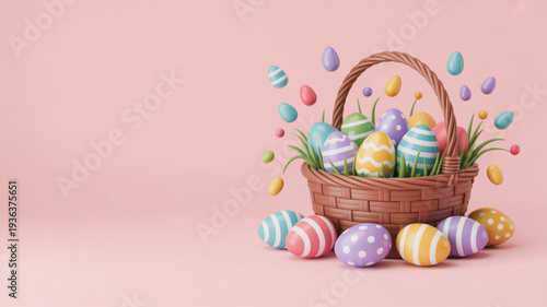 Colorful easter eggs in a wicker basket on pink background with floating eggs