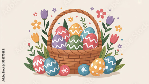 Colorful easter eggs in a wicker basket surrounded by flowers and tulips on a beige background symbolizing springtime and holiday cheer