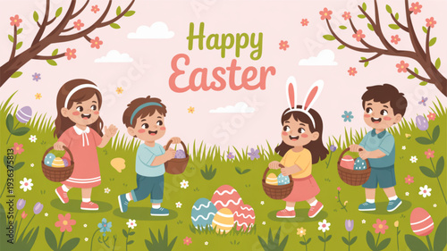 Children enjoying easter egg hunt in a vibrant spring meadow with colorful flowers and trees