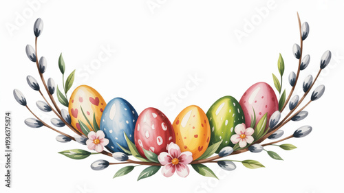 Watercolor easter eggs with flowers and willow branches in a wreath on white background spring decoration