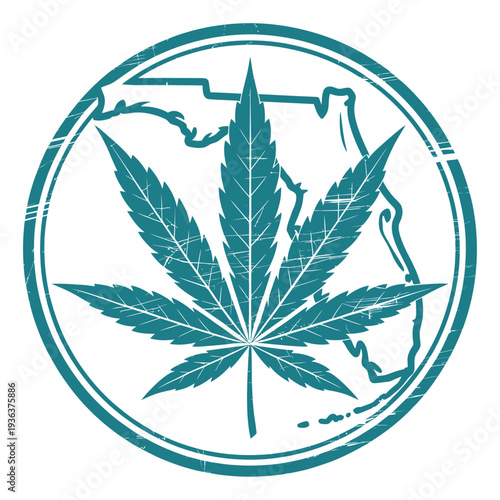 A teal circular emblem featuring a stylized cannabis leaf and map outline