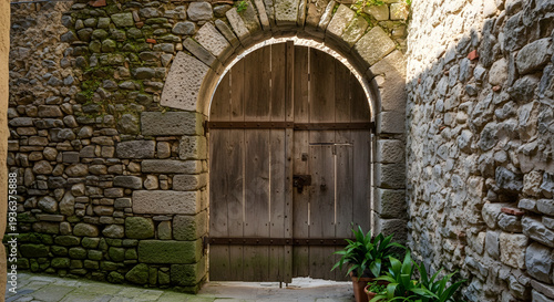 A rustic old wooden double door built into a historic stone wall archway along a narrow passage