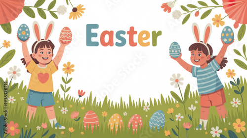 Two girls in a field with easter eggs and bunny ears on a sunny day with flowers and grass