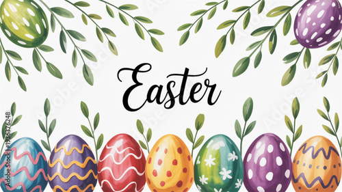 Colorful easter eggs with decorative patterns and leaves on white background symbolizing spring and renewal