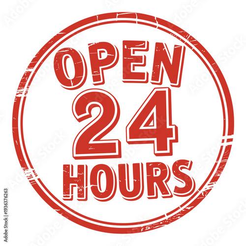 A distressed circular red stamp displaying the words open 24 hours