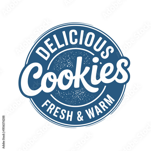 A circular badge proclaiming delicious cookies in white script on a blue background
