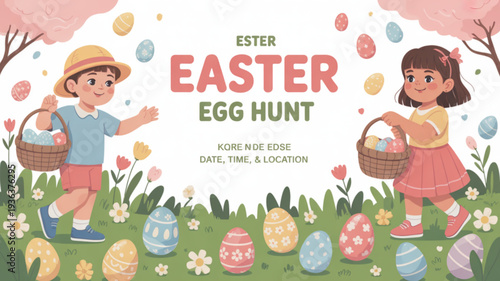 Two children on easter egg hunt in colorful garden with baskets and decorated eggs