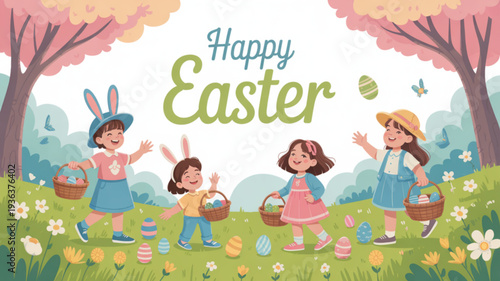 Children celebrating easter with baskets in a colorful spring meadow with blooming flowers and trees