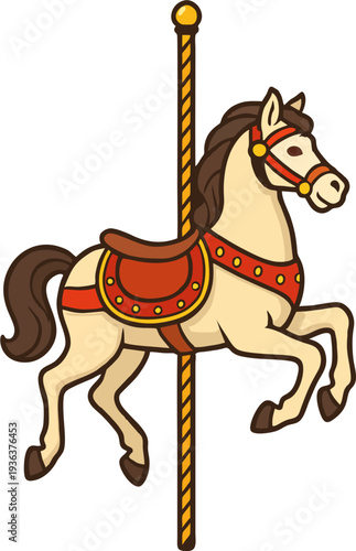 Cute Cartoon Carousel Horse on Golden Pole with Red Saddle and Ornaments Merry Go Round Amusement Ride Vector Illustration