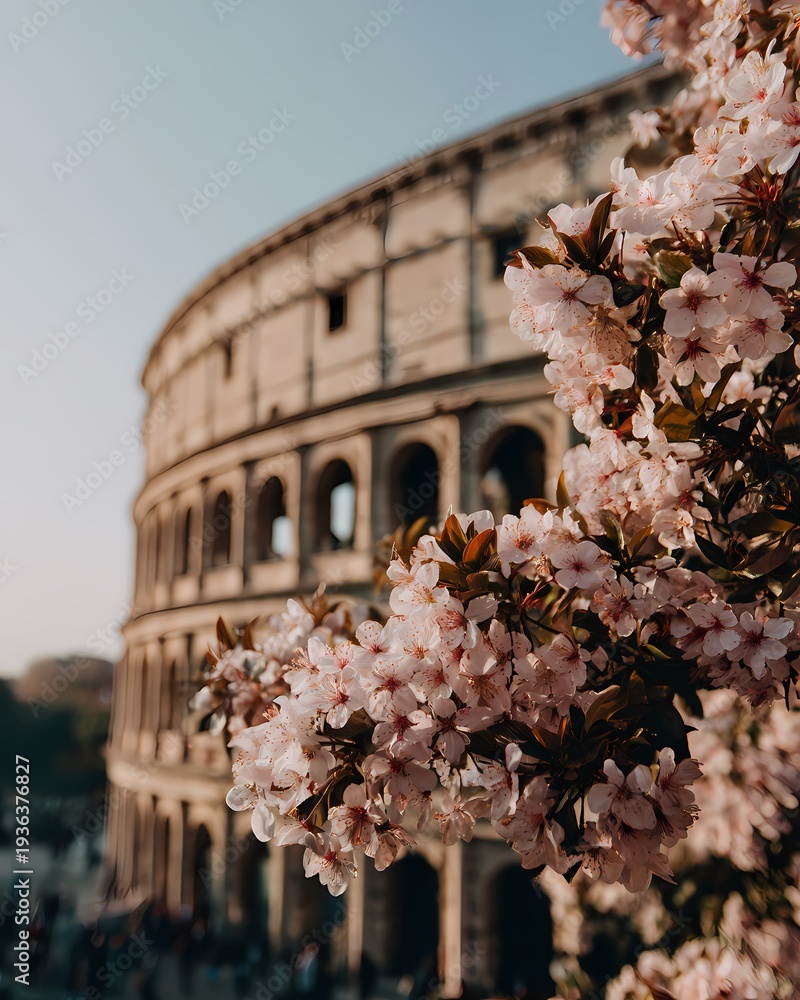 Obraz premium Blossom View of Ancient Colosseum Under Clear Blue Sky