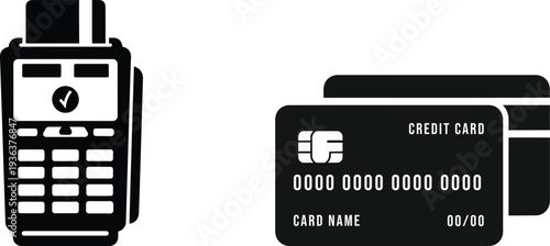 Payment terminal and credit cards illustration on white background