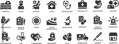 Medical icon set. Containing doctor, medicine, hospital, treatment, healthcare, nurse, pills, clinic and more.
