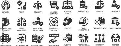 Business ethics icon set. Compliance, fairness, integrity, loyalty, trust, equality, code of conduct, honesty, anti corruption, transparency.