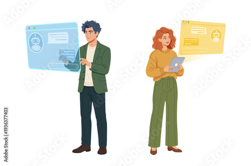 Flat vector illustration of man and red-haired woman using gadgets to interact with AI chatbots and neural networks. Flat design graphic for technology landing page or app UI.