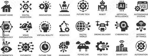 Future technology icon set. Containing robot, artificial intelligence, innovation, smart city, robotics, humanoid, hologram, digital world, high-tech and automation.