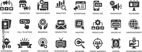 Advertising icon set. Containing marketing, promotion, announcement, branding, campaign, Ad, billboard, banner and more.