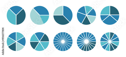 Pie Chart Set, circle section graphs divided into 1 to 12 parts, wheel diagram symbols, percentage ring charts, data visualization vector illustration, infographic elements.