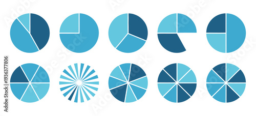 Pie Chart Set, circle section graphs divided into 1 to 12 parts, wheel diagram symbols, percentage ring charts, data visualization vector illustration, infographic elements.