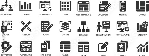 Template icon set. Layout, flowchart, diagram, form, wireframe, table, grid, editable, layers and more.